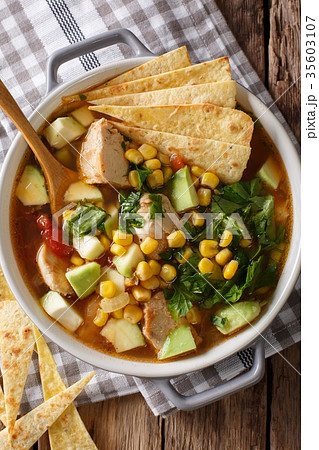 spicy tortilla soup with chicken, cilantro, tomato 35603107