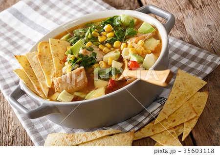 Mexican tortilla soup with chicken and vegetables 35603118
