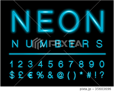 Blue neon numbers and special characters set Blue neon numbers and special characters set 35603696