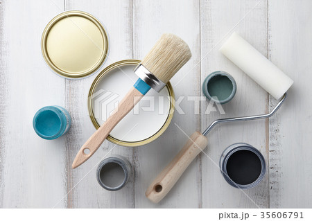 Different painting supplies on white wooden table Different painting supplies on white wooden table 35606791