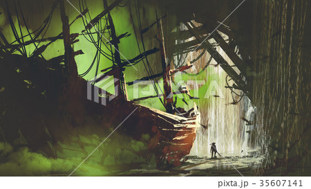 abandoned pirate ship in waterfall cave 35607141