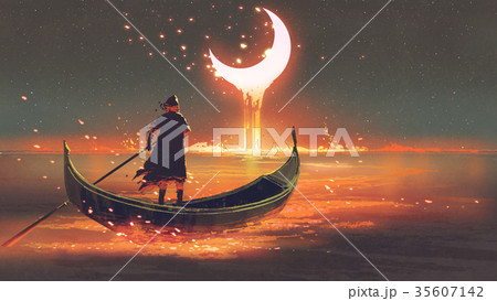 man on a boat looking at the melting moon 35607142