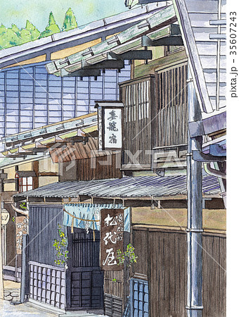 水彩画　妻籠宿 35607243