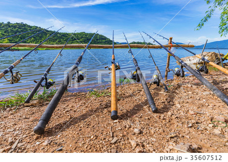 Fishing rods in Bang Phra reservoir Fishing rods in Bang Phra reservoir 35607512