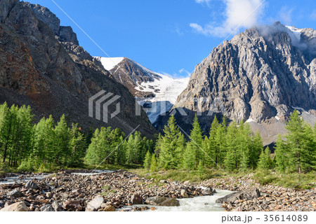 View on Aktru river, Karatash peak, Aktru glacier 35614089