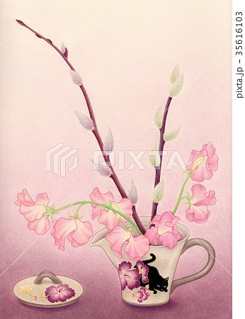 猫のティーポットと猫柳 35616103