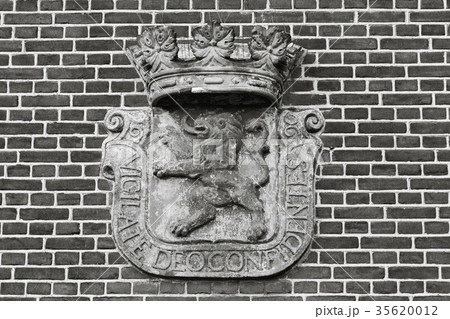 Medieval coat of arms on the brick wall in Europe. 35620012