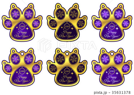 Dog Paw 2018 of New Year. Set of Stickers 35631378