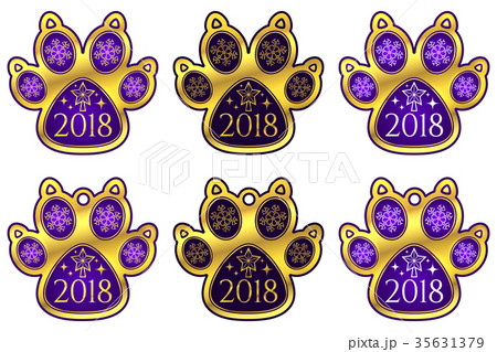 New Year Dog Paw 2018. Set of Stickers New Year Dog Paw 2018. Set of Stickers 35631379
