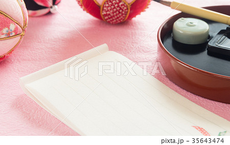 一筆箋　短信　毛筆　自筆　新春　初春　お祝い　正月　雛祭り　手毬 35643474