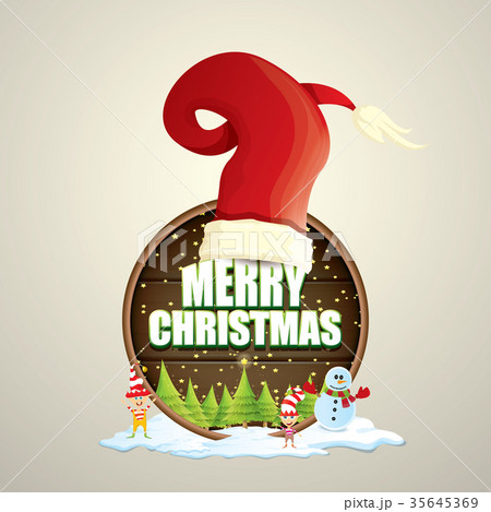 vector Christmas label with red santa hat, tree 35645369