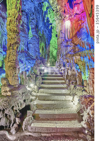 Stone stairs in Reed Flute Cave in Guilin, China. 35645399