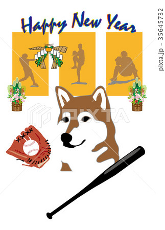 野球ベースボールと柴犬のイラスト年賀状テンプレート 戌年２０１８のイラスト素材