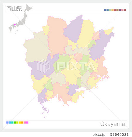 岡山県の地図（市町村・色分け） 35646081