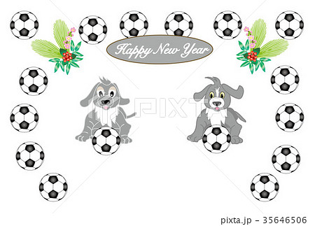 サッカーボールと可愛い犬のイラスト年賀状テンプレート 戌年のイラスト素材