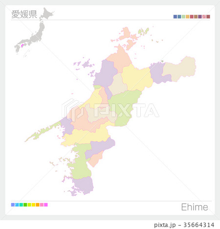 愛媛県の地図（市町村・色分け） 35664314