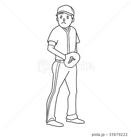 野球のグローブをして球を投げようとしてるピッチャーの男性のイラスト。 35679222