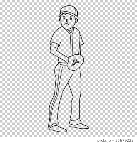 野球のグローブをして球を投げようとしてるピッチャーの男性のイラスト。 35679222