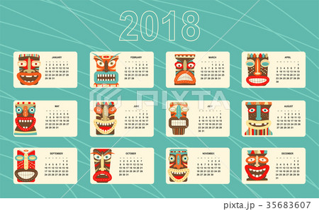 Monthly calendar 2018 with of tiki tribal mask 35683607