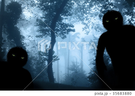 Two monsters in misty forest landscape 35683880