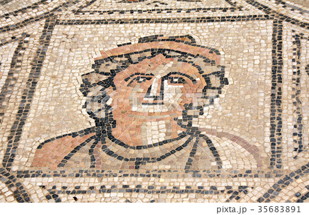 Ancient mosaic with woman face, Volubilis, Morocco 35683891
