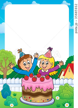 Frame with cake and two kids celebrating Frame with cake and two kids celebrating 35685932