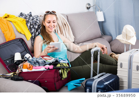 Woman buying hotel or ticket in internet using 35689950