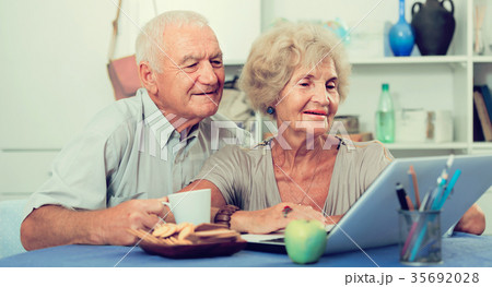 Happy elderly pair using laptop at home 35692028