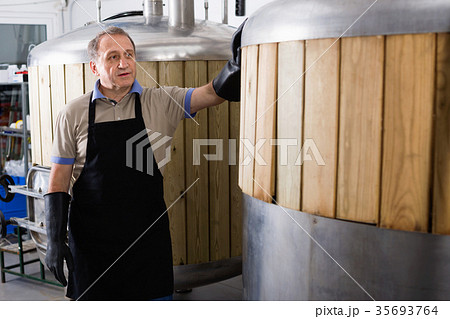 Adult brewer is standing near reservoir for beer in the fabric. Adult brewer is standing near reservoir for beer in the fabric. 35693764
