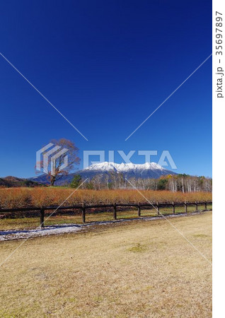 信州木曽 開田高原 木曽馬の里より晩秋の御嶽山 庶民の信仰を集める山岳信仰の山 信州木曽 開田高原 木曽馬の里より晩秋の御嶽山 庶民の信仰を集める山岳信仰の山 35697897