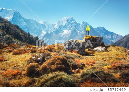 Standing man on the stone and looking on amazing Himalayan mount 35712449