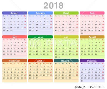 2018 year annual calendar (Monday first, English) 35713192