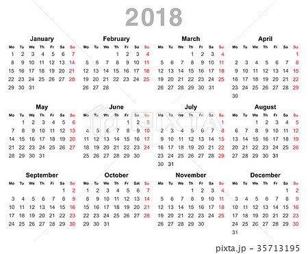 2018 year annual calendar (Monday first, English) 35713195