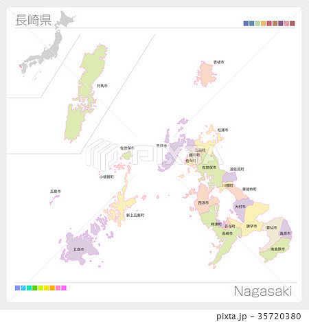 長崎県の地図 市町村 色分け のイラスト素材