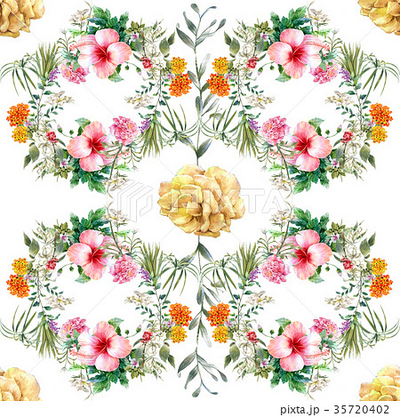 Watercolor painting of leaf and flowers pattern 35720402