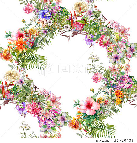 Watercolor painting of leaf and flowers pattern 35720403