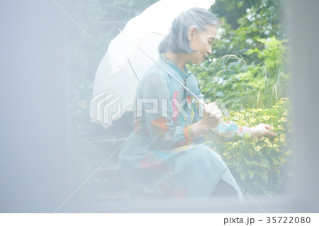 庭で日傘をさすシニア女性 35722080