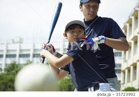 少年野球　バッティングの練習をする男の子　ポートレート 35723902