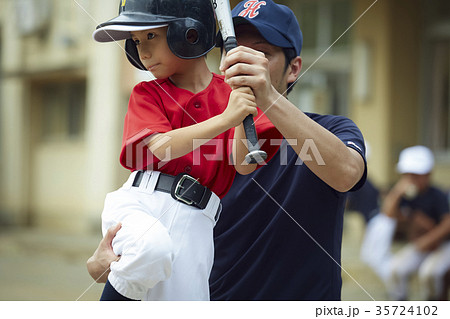 少年野球　バッティングの練習をする男の子 35724102