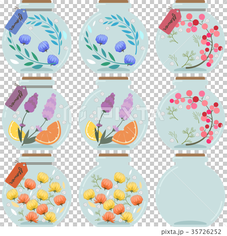 植物標本室插圖集（圓形，帶標籤，無標籤，空瓶） 35726252