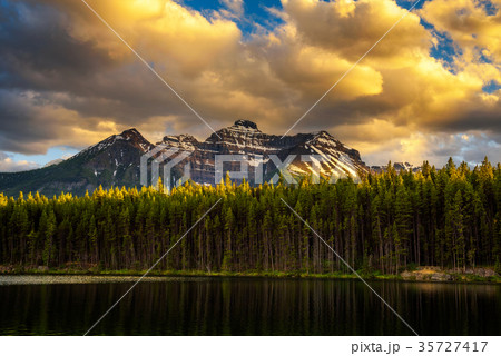 Sunset over deep forest along the Herbert Lake in 35727417