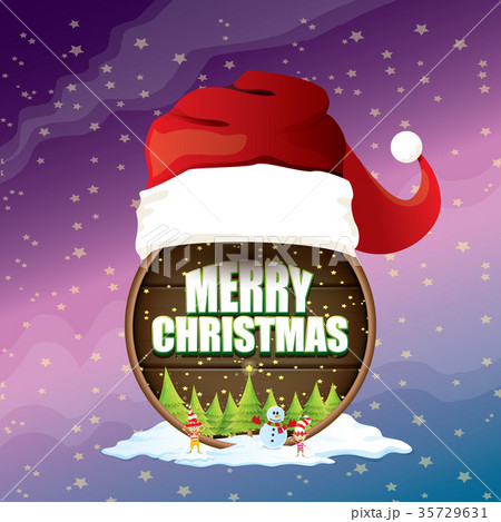 vector Christmas label with red santa hat, tree 35729631