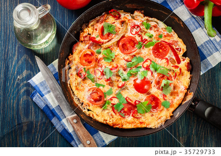 Frittata made of eggs, sausage chorizo 35729733