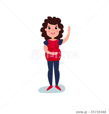 Pregnant woman character standing and waving her 35730366