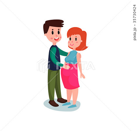Young Happy Couple Cheerful Man Touching Belly Ofのイラスト素材