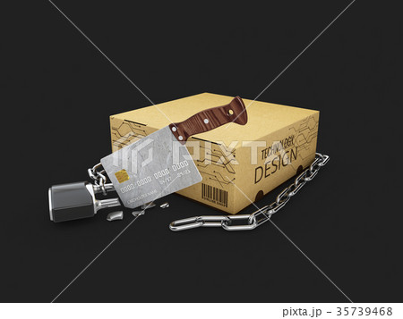 Broken padlock with chain and software box 35739468