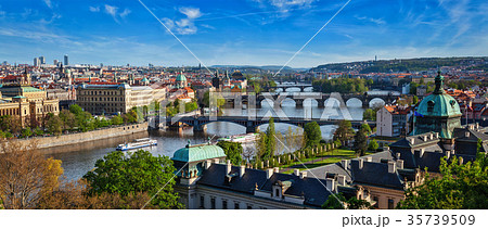 Panoramic view of Prague bridges over Vltava river Panoramic view of Prague bridges over Vltava river 35739509