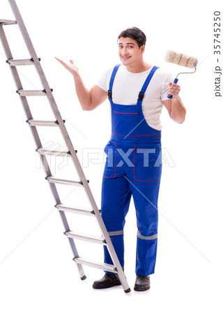 Young painter man with ladder isolated on white Young painter man with ladder isolated on white 35745250
