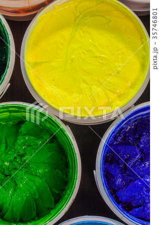 top view of Plastisol ink in white plastic cans top view of Plastisol ink in white plastic cans 35746801