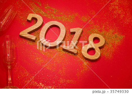 New Year 2018 Decoration on red background. New Year 2018 Decoration on red background. 35749330